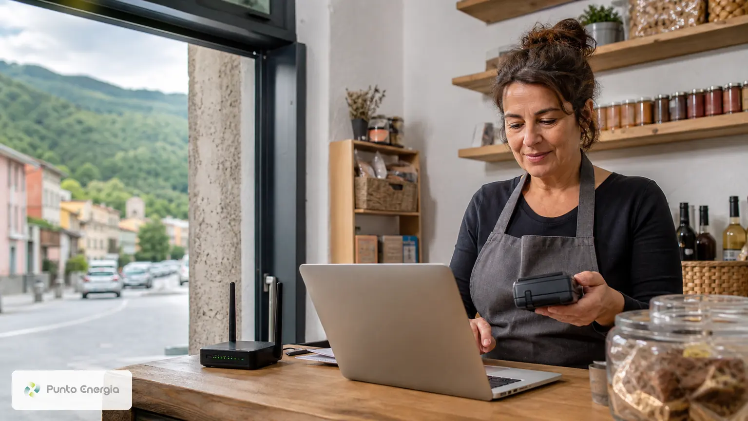Commerciante di Busalla che usa POS e computer accanto al router del negozio