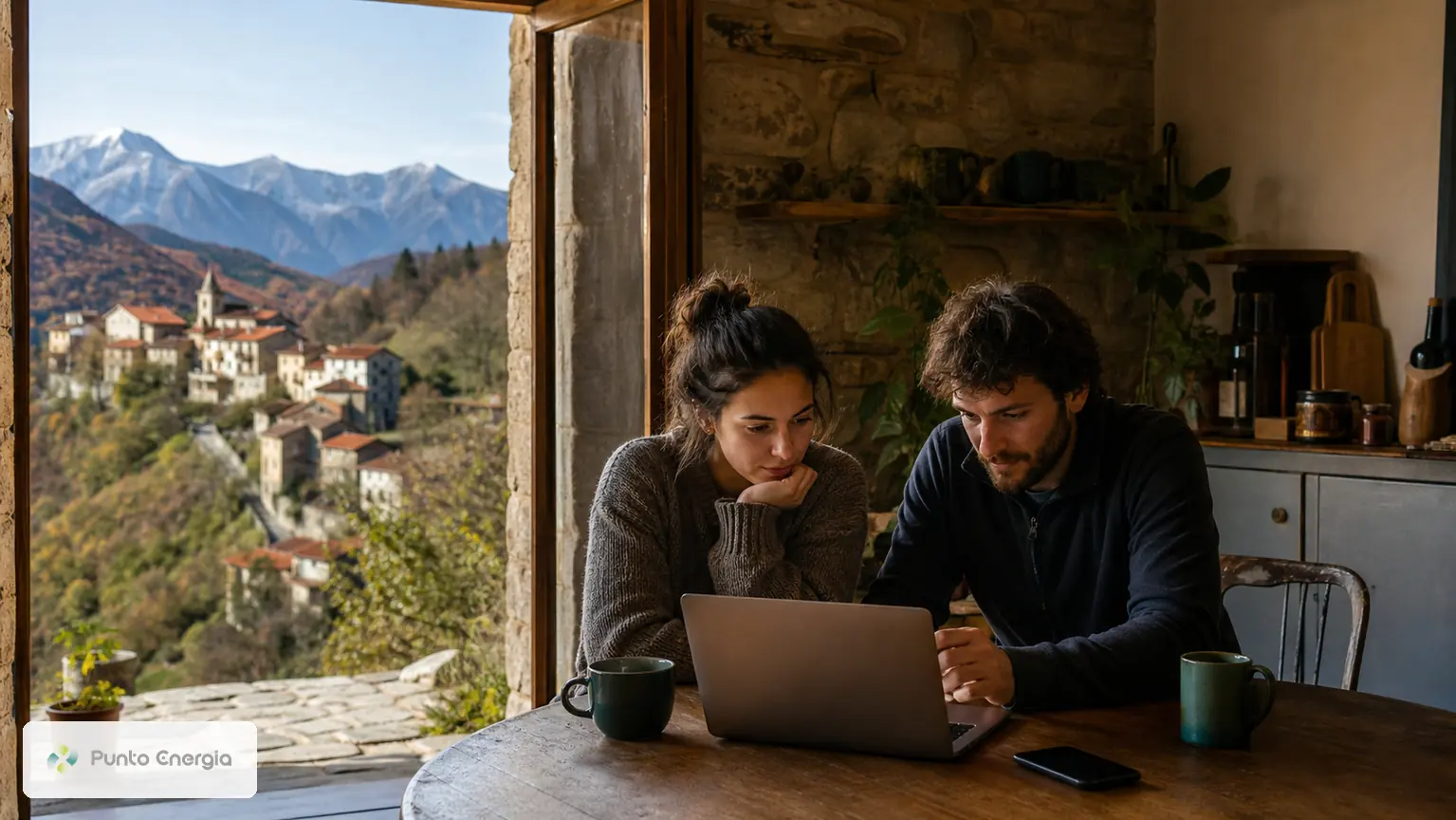 Coppia che controlla internet da una casa in pietra affacciata su un borgo della Lunigiana