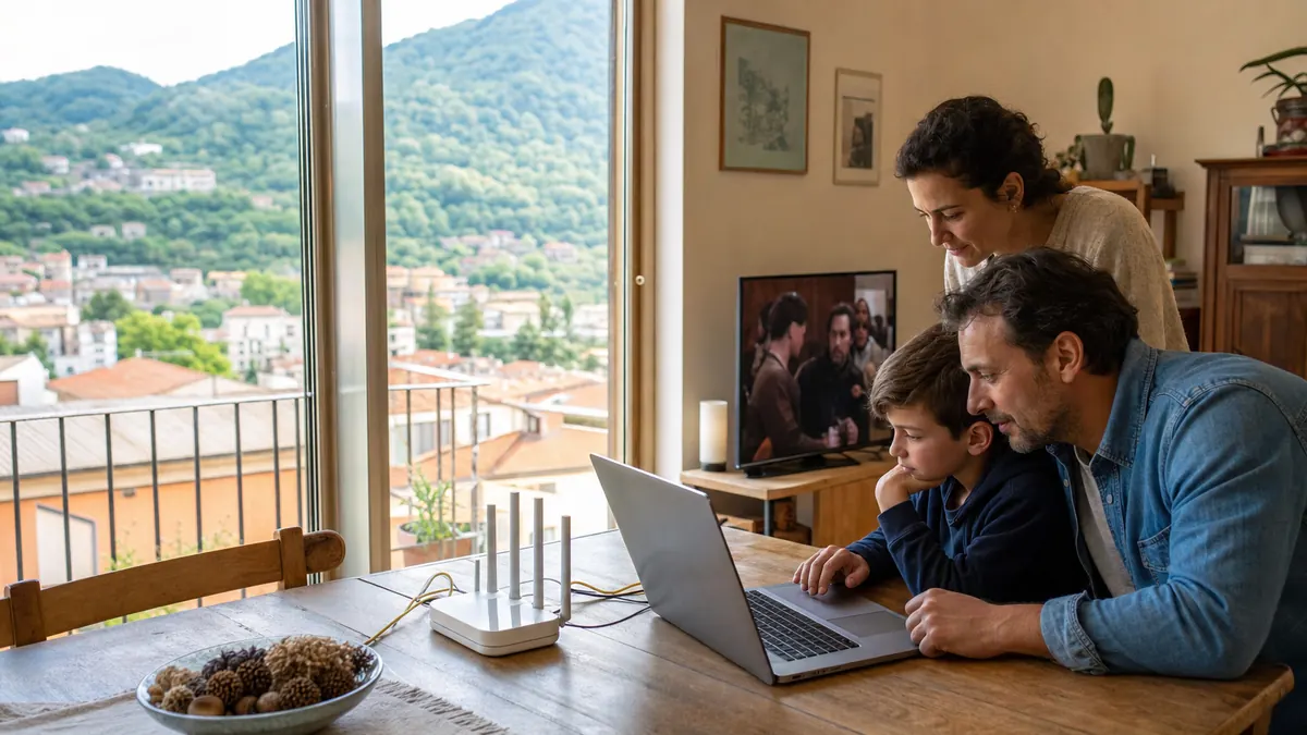 Famiglia che controlla internet e streaming in una casa nella Valle Scrivia