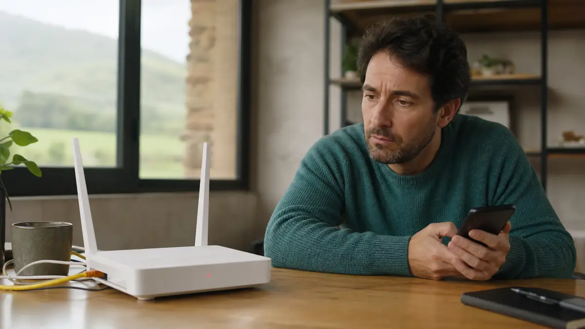 Router domestico con luce rossa controllato da un cliente tramite smartphone